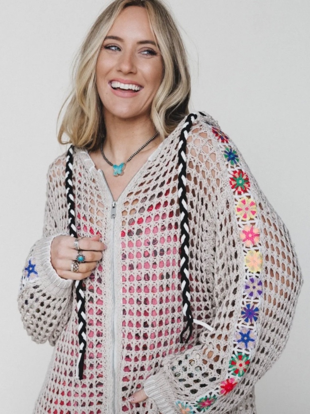 NWOT POL GRANNY SQUARE CROCHET ZIP UP HOODIE SMALL - Picture 2 of 3